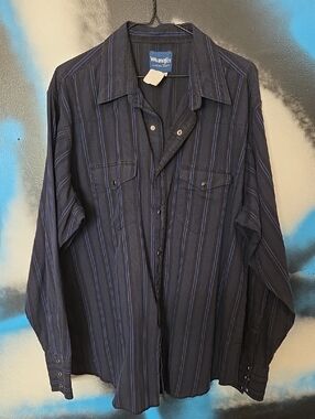 Wrangler Vintage Men's Snsp Button Navy Blue Striped Lightweight Western Shirt